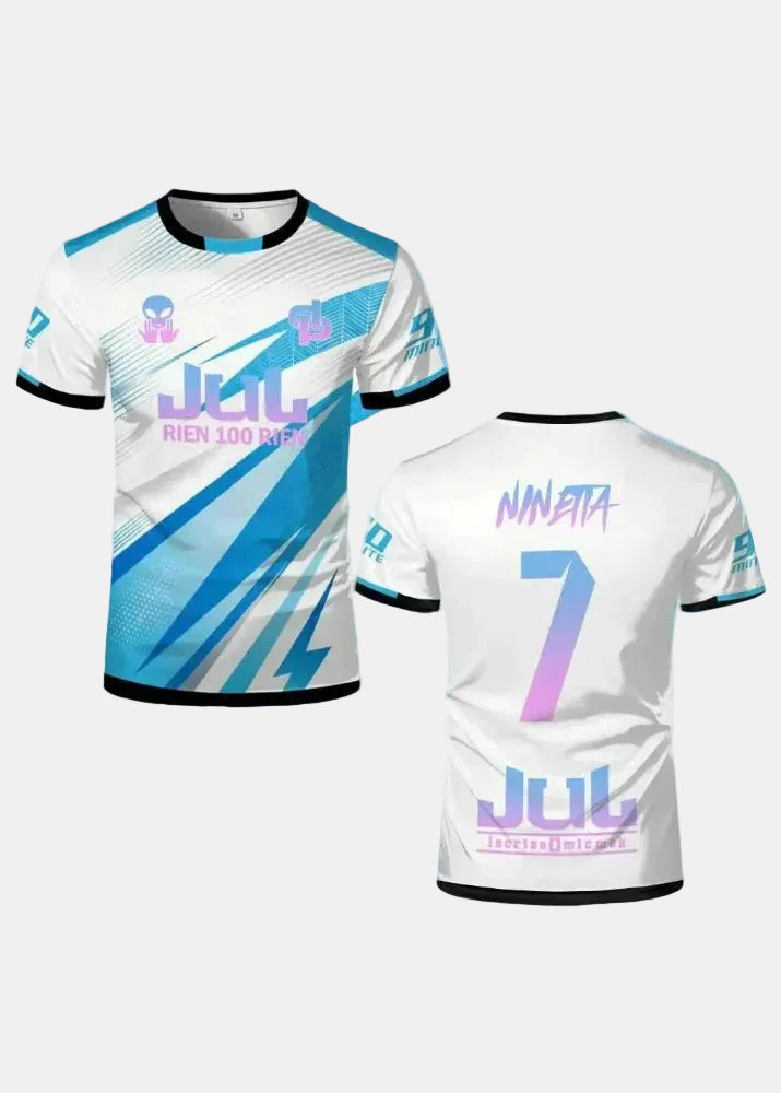 90 Minute Soccer Jersey - White & Blue Lightning Design "Jul Rien 100 Rien" Kid/Adult Y2K Oversized Quick-Dry Sports Shirt ﻿