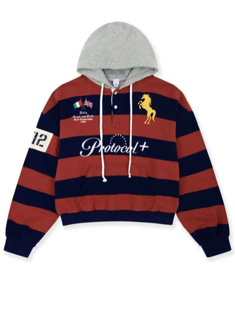 Hoodie Polo de Rugby Y2K Oversize - Sweat à Capuche Rayé Vintage "Protocol+"